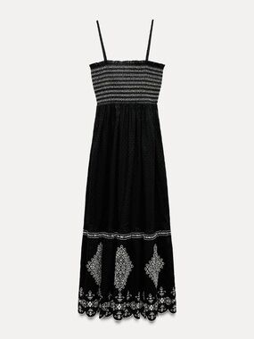 Room 34 Black Smocked Boho Embroidered Tiered Maxi Dress NWT Size Small